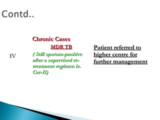 IVIV
Chronic CasesChronic Cases
MDR TBMDR TB
( Still sputum-positive( Still sputum-positive
after a supervised re-after a supervised re-
treatment regimen ie.treatment regimen ie.
Cat-II)Cat-II)
Patient referred toPatient referred to
higher centre forhigher centre for
further managementfurther management
 