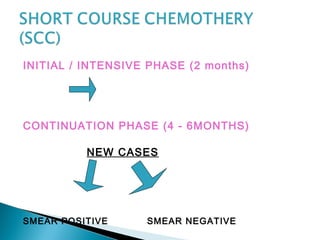 INITIAL / INTENSIVE PHASE (2 months)
CONTINUATION PHASE (4 - 6MONTHS)
NEW CASES
SMEAR POSITIVE SMEAR NEGATIVE
 