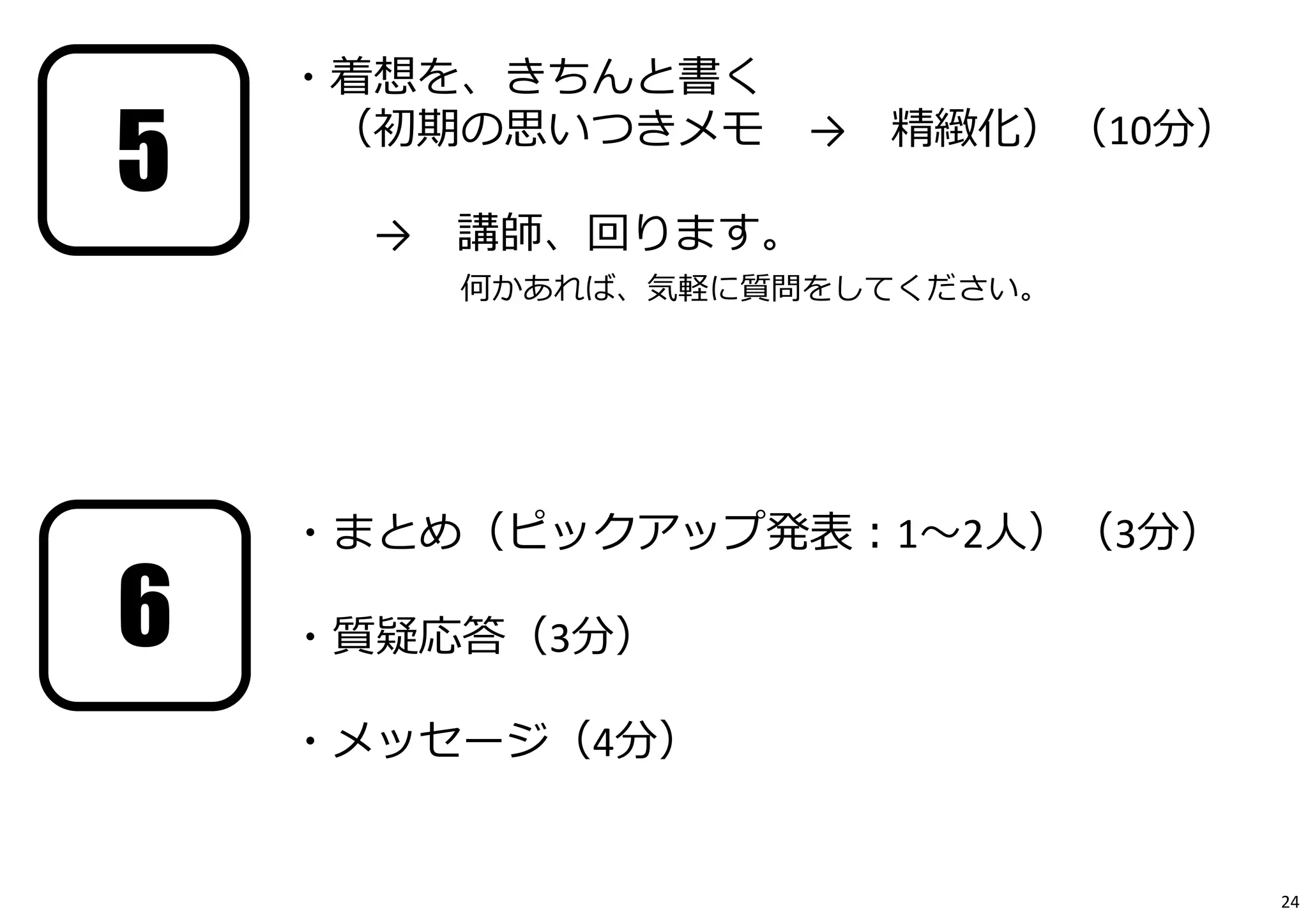 ・着想を、きちんと書く 
（初期の思いつきメモ→ 精緻化）（10分） 
→ 講師、回ります。 
何かあれば、気軽に質問をしてください。 
・まとめ（ピックアップ発表：1〜2⼈）（3分） 
・質疑応答（3分） 
・メッセージ（4分） 
5 
6 
24 
 