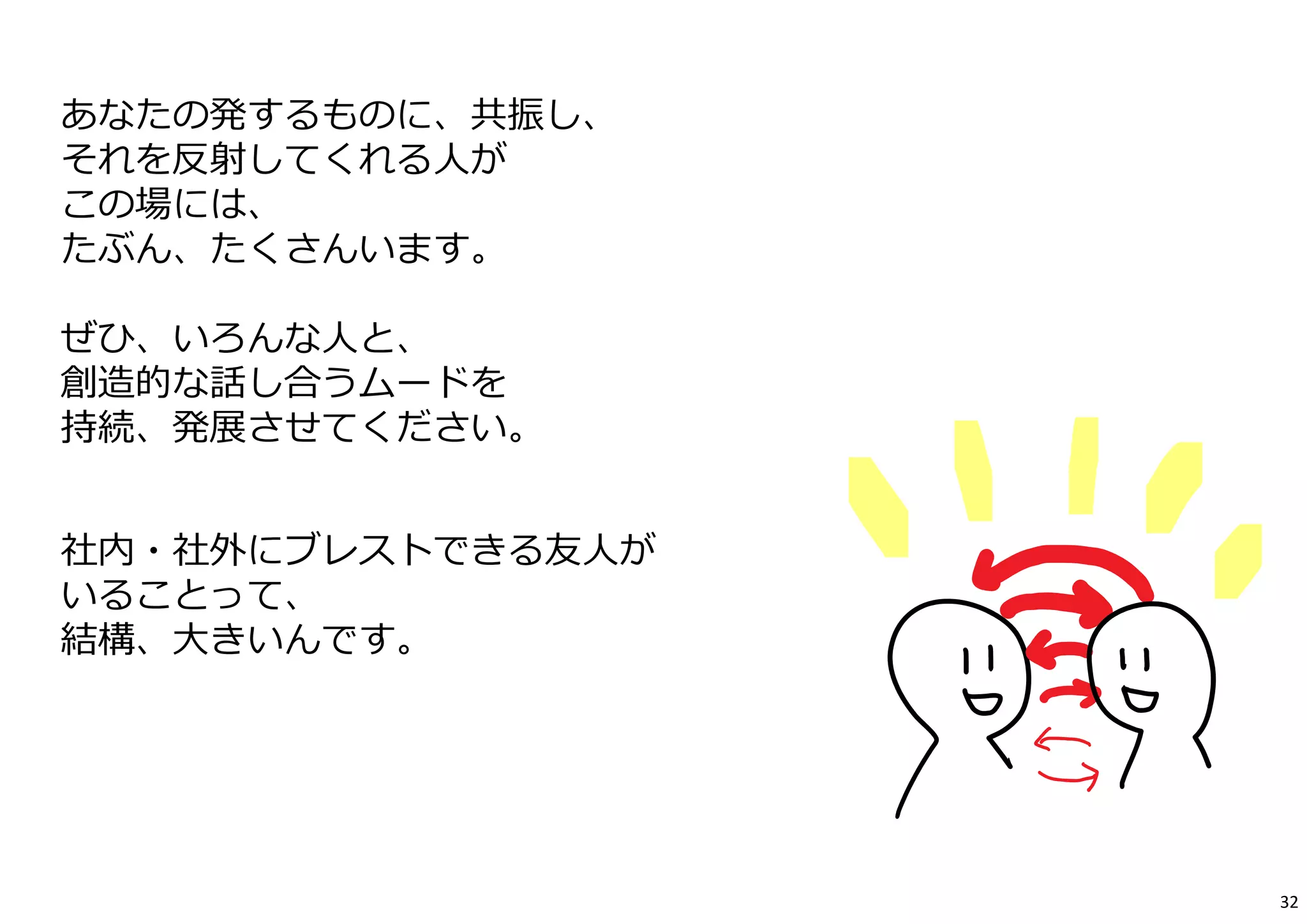 あなたの発するものに、共振し、 
それを反射してくれる⼈が 
この場には、 
たぶん、たくさんいます。 
ぜひ、いろんな⼈と、 
創造的な話し合うムードを 
持続、発展させてください。 
社内・社外にブレストできる友⼈が 
いることって、 
結構、⼤きいんです。 
32 

