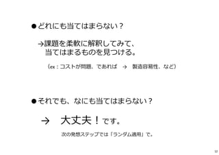 ●どれにも当てはまらない？ 
→課題を柔軟に解釈してみて、 
当てはまるものを⾒つける。 
（ex：コストが問題、であれば→ 製造容易性、など） 
●それでも、なにも当てはまらない？ 
→ ⼤丈夫！です。 
次の発想ステップでは「ランダム適⽤」で。 
12 
 