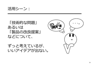 活⽤シーン： 
━━━━━━━━━━━━━━━━━━━ 
「技術的な問題」 
・・・。 
あるいは 
「製品の改良提案」 
などについて、 
ずっと考えているが、 
いいアイデアが出ない。 
14 
 