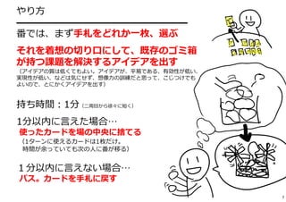 やり⽅ 
━━━━━━━━━━━━━━━━━━ 
番では、まず⼿札をどれか⼀枚、選ぶ 
それを着想の切り⼝にして、既存のゴミ箱 
が持つ課題を解決するアイデアを出す 
（アイデアの質は低くてもよい。アイデアが、平易である、有効性が低い、 
実現性が低い、などは気にせず、想像⼒の訓練だと思って、こじつけでも 
よいので、とにかくアイデアを出す） 
持ち時間：1分（⼆周⽬から徐々に短く） 
1分以内に⾔えた場合… 
使ったカードを場の中央に捨てる 
（1ターンに使えるカードは1枚だけ。 
時間が余っていても次の⼈に番が移る） 
１分以内に⾔えない場合… 
パス。カードを⼿札に戻す 
7 
 