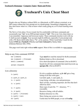 4/13/2015 TB Unix Cheat Sheet
http://www.rain.org/~mkummel/unix.html 1/8
Treebeard's Homepage : Computer Topics | Rants and Writes
Treebeard's Unix Cheat Sheet
People who use Windows without DOS, or a Macintosh, or PPP without a terminal, or an
ISP's menu without the Unix prompt are at a disadvantage. Something is happening, and
they don't know what it is. I like to know what's really going on, so I've been learning some
Unix.
The Net is a Unix place. I'm no wizard, but I'm comfortable with basic commands and
occasionally type "rm" at my DOS prompt instead of "del". This is my Unix cheat sheet, so
I can remember. Uppercase and lowercase matter. These commands (mostly) work with my
C­shell account on RAIN. Your account might be different, especially if your prompt ends
with a "$" (Korn shell) rather than a "%", so be cautious. When I need help, I reach for the
books UNIX in a Nutshell (O'Reilly) and Unix Unbound by Harley Hahn
(Osborne/McGraw Hill, 1994).
This page won't look right without table support. Most of this is available in a text version.
Help on any Unix command. RTFM!
man {command} Type man ls to read the manual for the ls command.
man {command} > {filename} Redirect help to a file to download.
whatis {command} Give short description of command. (Not on RAIN?)
apropos {keyword}
Search for all Unix commands that match keyword, eg
apropos file. (Not on RAIN?)
List a directory
ls {path}
It's ok to combine attributes, eg ls ­laF gets a long
listing of all files with types.
ls {path_1} {path_2} List both {path_1} and {path_2}.
ls ‐l {path} Long listing, with date, size and permisions.
ls ‐a {path}
Show all files, including important .dot files that don't
otherwise show.
ls ‐F {path}
Show type of each file. "/" = directory, "*" =
executable.
ls ‐R {path} Recursive listing, with all subdirs.
ls {path} > {filename} Redirect directory to a file.
ls {path} | more Show listing one screen at a time.
dir {path} Useful alias for DOS people, or use with ncftp.
 