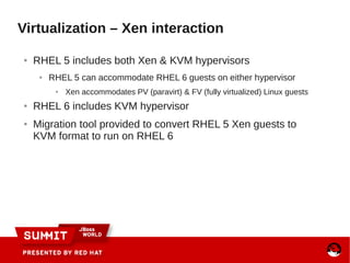 ● RHEL 5 includes both Xen & KVM hypervisors
● RHEL 5 can accommodate RHEL 6 guests on either hypervisor
● Xen accommodates PV (paravirt) & FV (fully virtualized) Linux guests
● RHEL 6 includes KVM hypervisor
● Migration tool provided to convert RHEL 5 Xen guests to
KVM format to run on RHEL 6
Virtualization – Xen interaction
 