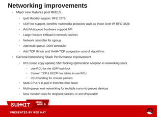 Networking improvements
● Major new features post RHEL5
● Ipv6 Mobility support, RFC 3775
● UDP-lite support, benefits multimedia protocols such as Voice Over IP, RFC 3828
● Add Mutiqueue hardware support API
● Large Receive Offload in network devices
● Network controller for cgroup
● Add multi-queue, DDR scheduler
● Add TCP Illinois and YeAH-TCP congestion control algorithms
● General Networking Stack Performance improvement
● RCU (read copy update) SMP locking optimization adoption in networking stack
● Use RCU for the UDP hash lock
● Convert TCP & DCCP has tables to use RCU.
● RCU handling for Unicast packets
● Multi-CPU rx to pull in from the wire faster
● Multi-queue xmit networking for multiple transmit queues devices
● New monitor tools for dropped packets, tc and dropwatch
 