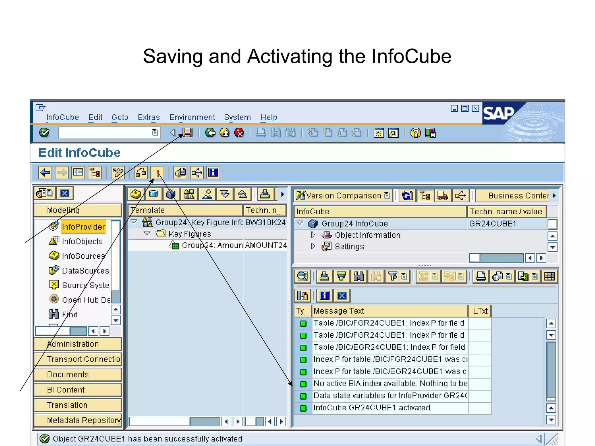Saving and Activating the InfoCube
 