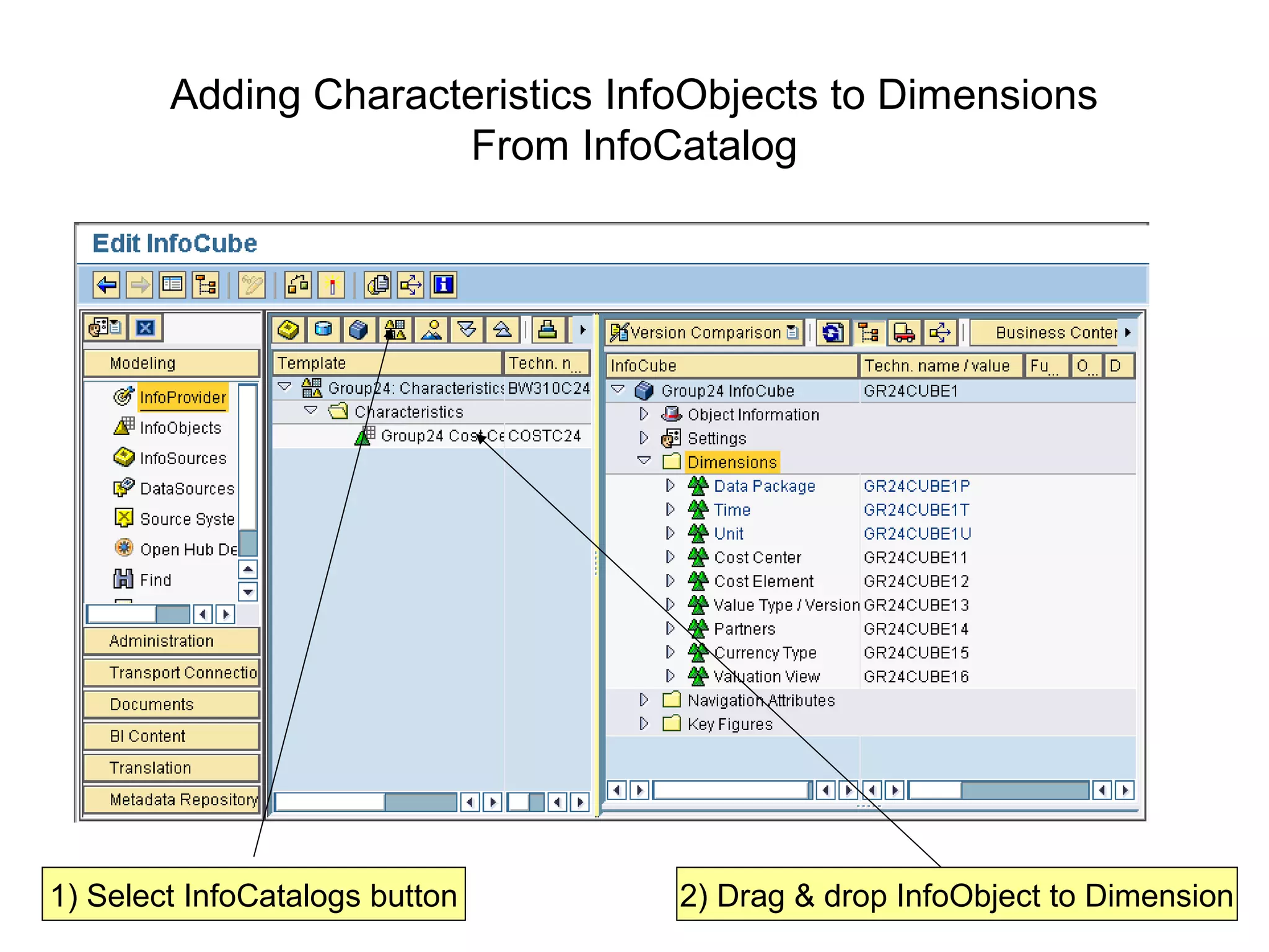 Adding Characteristics InfoObjects to Dimensions
From InfoCatalog
1) Select InfoCatalogs button 2) Drag & drop InfoObject to Dimension
 