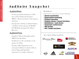 Auditoire Snapshot Auditoire\Paris Events specialists founded in 1989, now under Omnicom Group & TBWA\. Most awarded events agency in France Incorporates widely acclaimed luxury / fashion events agency LA MODE EN IMAGES managed by Olivier Massart  Auditoire\China Founded 2006 in Shanghai under TBWA\Group\China Positioned as ‘the’ premium events agency in China Provides fully integrated event concepts/solutions to clients with an aim to bring unforgettable experiences to target audiences  Services Professional 1-stop services for the following: Grand ceremonies Experiential marketing Product launches Fashion shows / luxury functions Exhibitions / road shows Corporate conferences VIP parties PR / media functions Key clients (China & global) 