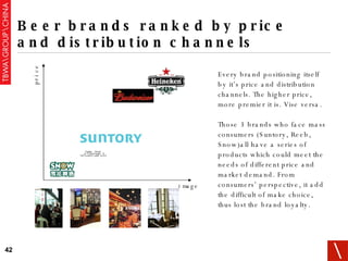 Beer brands ranked by price and distribution channels price image Every brand positioning itself by it’s price and distribution channels. The higher price, more premier it is. Vise versa.  Those 3 brands who face mass consumers (Suntory, Reeb, Snow)all have a series of products which could meet the needs of different price and market demand. From consumers’ perspective, it add the difficult of make choice, thus lost the brand loyalty. 
