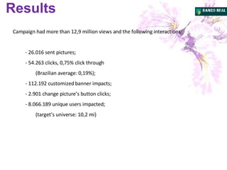 Results  Campaign had more than 12,9 million views and the following interactions:            - 26.016 sent pictures;           - 54.263 clicks, 0,75% click through (Brazilian average: 0,19%);           - 112.192 customized banner impacts;           - 2.901 change picture’s button clicks;           - 8.066.189 unique users impacted; (target’s universe: 10,2 mi) 