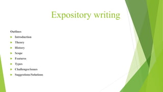Expository writing
Outlines
 Introduction
 Theory
 History
 Scope
 Features
 Types
 Challenges/issues
 Suggestions/Solutions
 