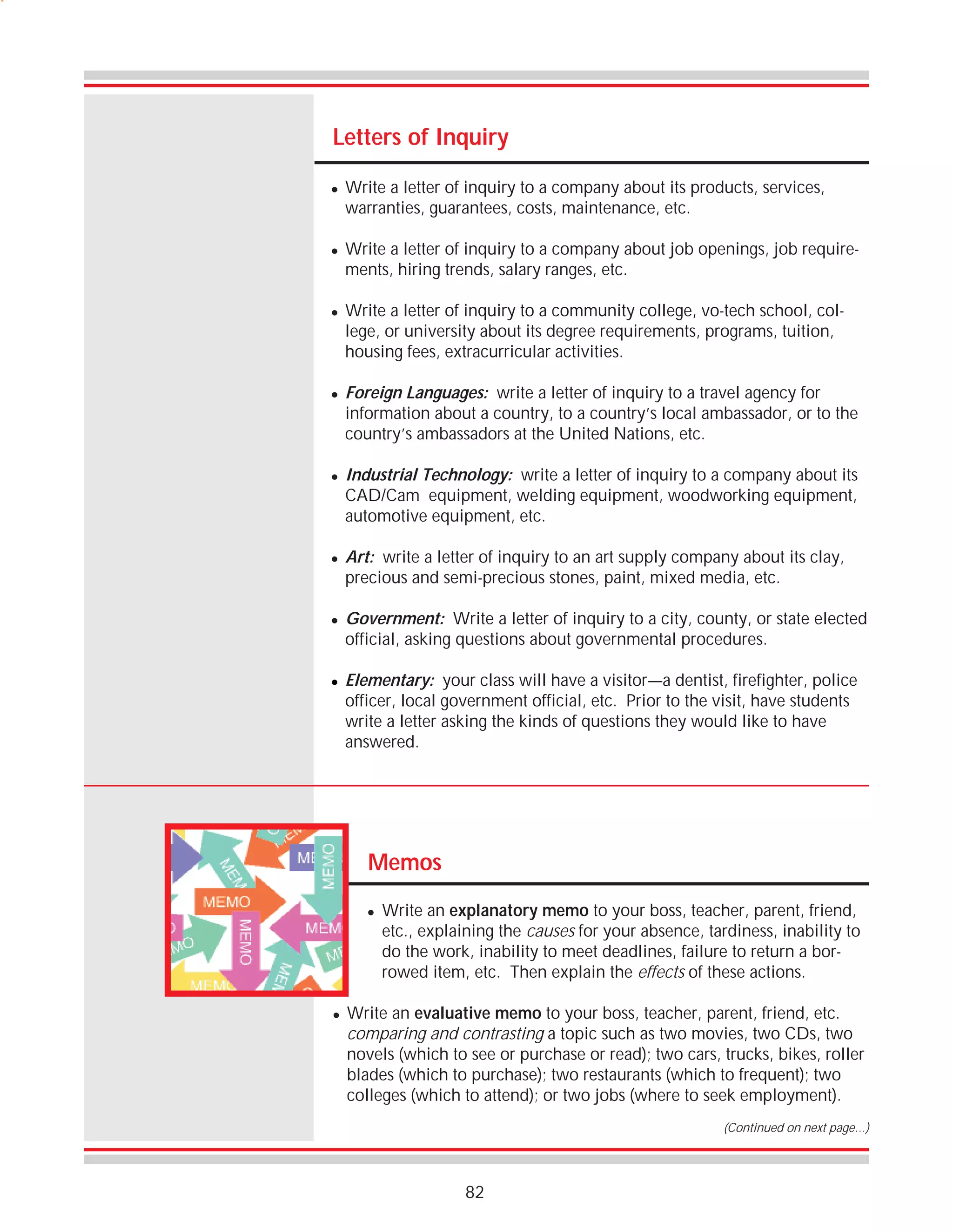 Letters of Inquiry
!

!

!

!

!

!

!

!

Write a letter of inquiry to a company about its products, services,
warranties, guarantees, costs, maintenance, etc.
Write a letter of inquiry to a company about job openings, job requirements, hiring trends, salary ranges, etc.
Write a letter of inquiry to a community college, vo-tech school, college, or university about its degree requirements, programs, tuition,
housing fees, extracurricular activities.
Foreign Languages: write a letter of inquiry to a travel agency for
information about a country, to a country’s local ambassador, or to the
country’s ambassadors at the United Nations, etc.
Industrial Technology: write a letter of inquiry to a company about its
CAD/Cam equipment, welding equipment, woodworking equipment,
automotive equipment, etc.
Art: write a letter of inquiry to an art supply company about its clay,
precious and semi-precious stones, paint, mixed media, etc.
Government: Write a letter of inquiry to a city, county, or state elected
official, asking questions about governmental procedures.
Elementary: your class will have a visitor—a dentist, firefighter, police
officer, local government official, etc. Prior to the visit, have students
write a letter asking the kinds of questions they would like to have
answered.

Memos
!

!

Write an explanatory memo to your boss, teacher, parent, friend,
etc., explaining the causes for your absence, tardiness, inability to
do the work, inability to meet deadlines, failure to return a borrowed item, etc. Then explain the effects of these actions.

Write an evaluative memo to your boss, teacher, parent, friend, etc.
comparing and contrasting a topic such as two movies, two CDs, two
novels (which to see or purchase or read); two cars, trucks, bikes, roller
blades (which to purchase); two restaurants (which to frequent); two
colleges (which to attend); or two jobs (where to seek employment).
(Continued on next page…)

82

 