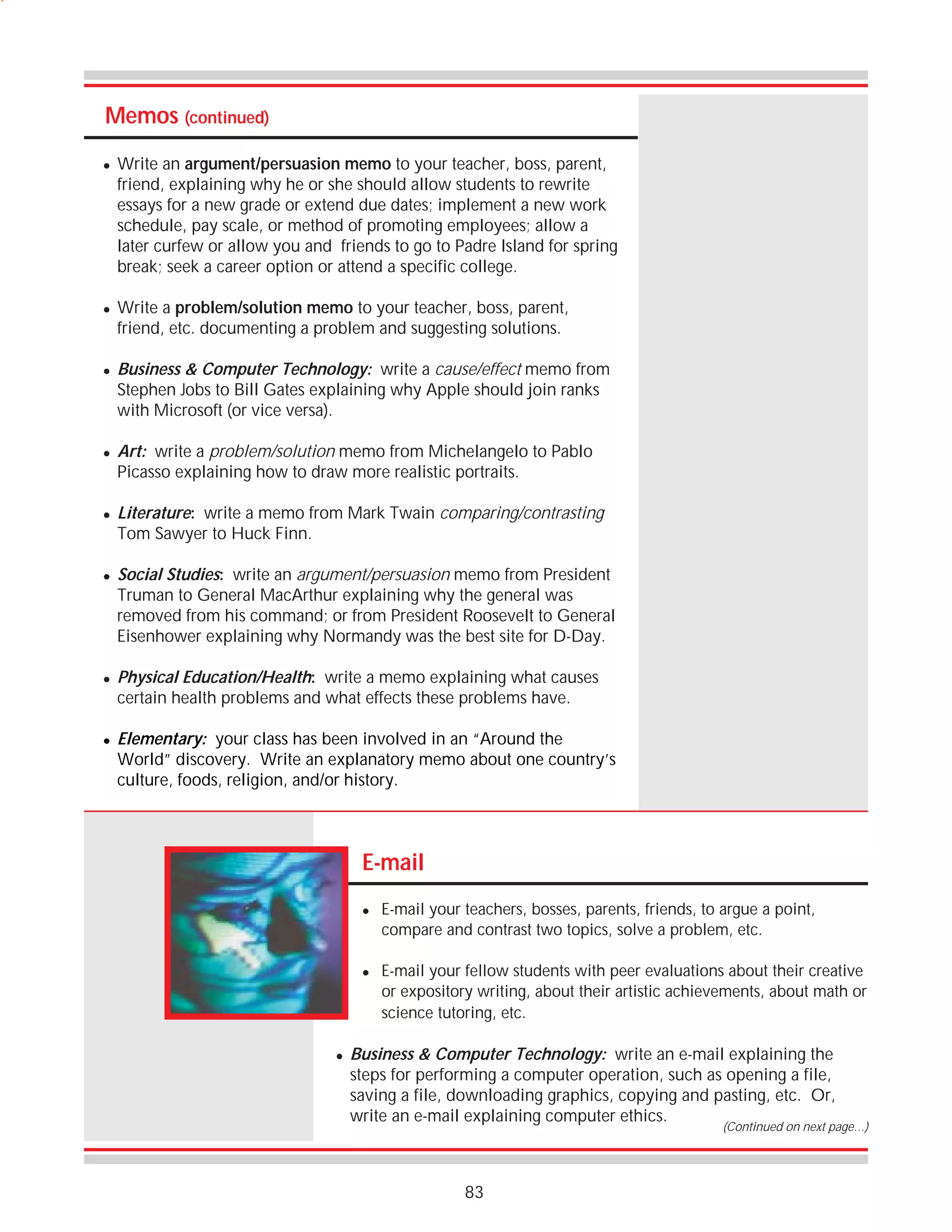 Memos (continued)
!

!

!

!

!

!

!

!

Write an argument/persuasion memo to your teacher, boss, parent,
friend, explaining why he or she should allow students to rewrite
essays for a new grade or extend due dates; implement a new work
schedule, pay scale, or method of promoting employees; allow a
later curfew or allow you and friends to go to Padre Island for spring
break; seek a career option or attend a specific college.
Write a problem/solution memo to your teacher, boss, parent,
friend, etc. documenting a problem and suggesting solutions.
Business & Computer Technology: write a cause/effect memo from
Stephen Jobs to Bill Gates explaining why Apple should join ranks
with Microsoft (or vice versa).
Art: write a problem/solution memo from Michelangelo to Pablo
Picasso explaining how to draw more realistic portraits.
Literature: write a memo from Mark Twain comparing/contrasting
Tom Sawyer to Huck Finn.
Social Studies: write an argument/persuasion memo from President
Truman to General MacArthur explaining why the general was
removed from his command; or from President Roosevelt to General
Eisenhower explaining why Normandy was the best site for D-Day.
Physical Education/Health: write a memo explaining what causes
certain health problems and what effects these problems have.
Elementary: your class has been involved in an “Around the
World” discovery. Write an explanatory memo about one country’s
culture, foods, religion, and/or history.

E-mail
!

!

!

E-mail your teachers, bosses, parents, friends, to argue a point,
compare and contrast two topics, solve a problem, etc.
E-mail your fellow students with peer evaluations about their creative
or expository writing, about their artistic achievements, about math or
science tutoring, etc.

Business & Computer Technology: write an e-mail explaining the
steps for performing a computer operation, such as opening a file,
saving a file, downloading graphics, copying and pasting, etc. Or,
write an e-mail explaining computer ethics.

(Continued on next page…)

83

 