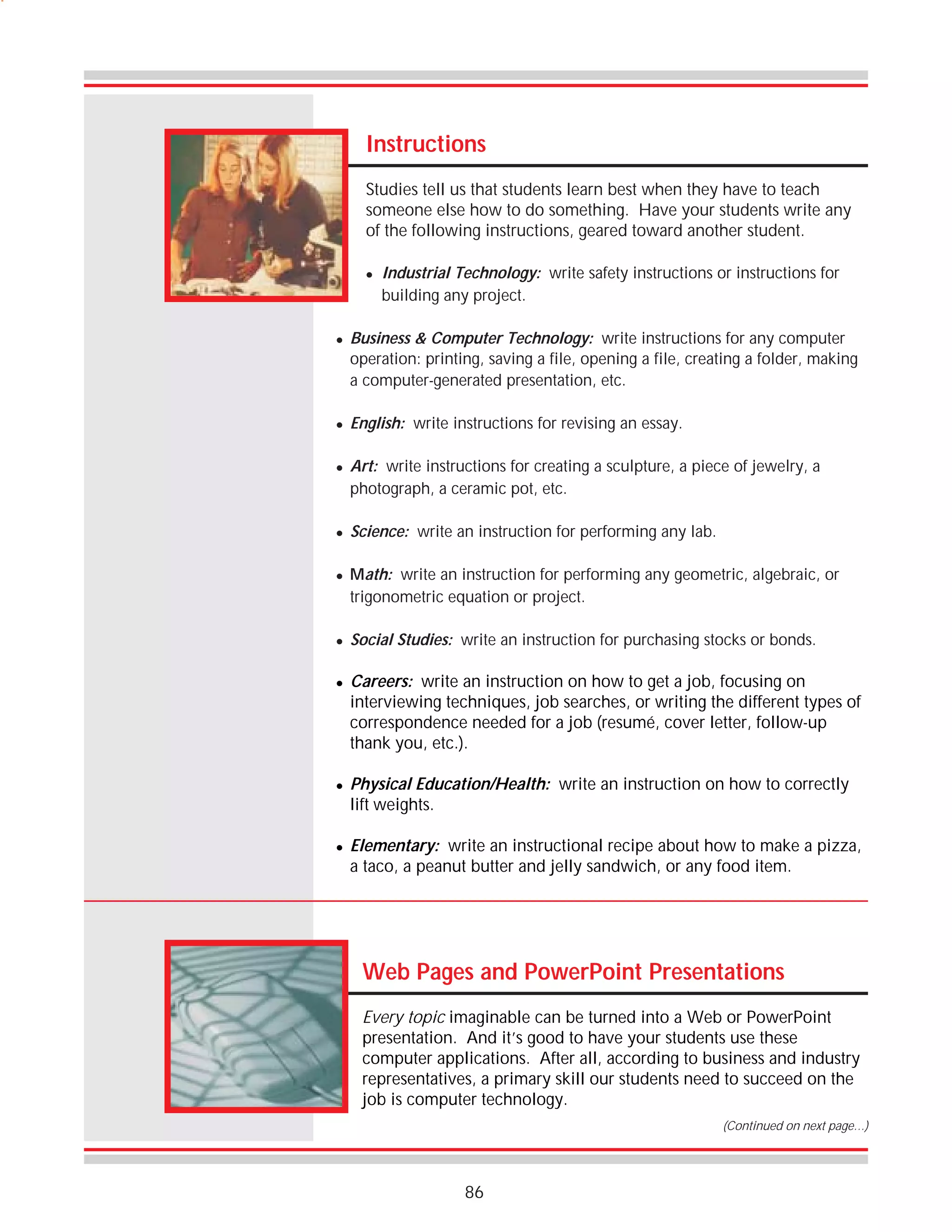 Instructions
Studies tell us that students learn best when they have to teach
someone else how to do something. Have your students write any
of the following instructions, geared toward another student.
!

!

!

!

!

!

!

!

!

!

Industrial Technology: write safety instructions or instructions for
building any project.

Business & Computer Technology: write instructions for any computer
operation: printing, saving a file, opening a file, creating a folder, making
a computer-generated presentation, etc.
English: write instructions for revising an essay.
Art: write instructions for creating a sculpture, a piece of jewelry, a
photograph, a ceramic pot, etc.
Science: write an instruction for performing any lab.
Math: write an instruction for performing any geometric, algebraic, or
trigonometric equation or project.
Social Studies: write an instruction for purchasing stocks or bonds.

Careers: write an instruction on how to get a job, focusing on
interviewing techniques, job searches, or writing the different types of
correspondence needed for a job (resumé, cover letter, follow-up
thank you, etc.).
Physical Education/Health: write an instruction on how to correctly
lift weights.
Elementary: write an instructional recipe about how to make a pizza,
a taco, a peanut butter and jelly sandwich, or any food item.

Web Pages and PowerPoint Presentations
Every topic imaginable can be turned into a Web or PowerPoint
presentation. And it’s good to have your students use these
computer applications. After all, according to business and industry
representatives, a primary skill our students need to succeed on the
job is computer technology.
(Continued on next page…)

86

 