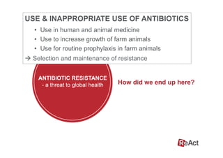 How did we end up here?
USE & INAPPROPRIATE USE OF ANTIBIOTICS
•  Use in human and animal medicine
•  Use to increase growth of farm animals
•  Use for routine prophylaxis in farm animals
à Selection and maintenance of resistance
 