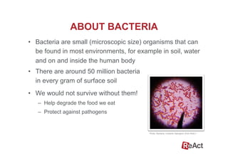 ABOUT BACTERIA
•  Bacteria are small (microscopic size) organisms that can
be found in most environments, for example in soil, water
and on and inside the human body
•  There are around 50 million bacteria
in every gram of surface soil
•  We would not survive without them!
–  Help degrade the food we eat
–  Protect against pathogens
Photo: Bacteria, Umberto Salvagnin (from flickr).3
 