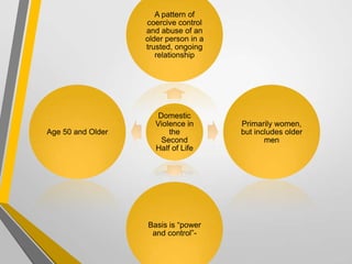Domestic
Violence in
the
Second
Half of Life
A pattern of
coercive control
and abuse of an
older person in a
trusted, ongoing
relationship
Primarily women,
but includes older
men
Basis is “power
and control”-
Age 50 and Older
 