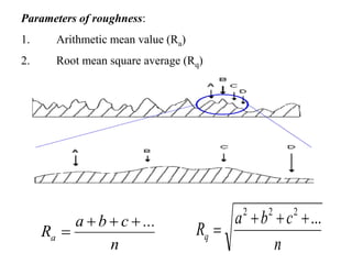 Parameters of roughness:
1. Arithmetic mean value (Ra)
2. Root mean square average (Rq)
n
...cba
Ra


n
cba
Rq
...222


 