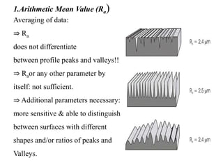 1.Arithmetic Mean Value (Ra)
Averaging of data:
⇒ Ra
does not differentiate
between profile peaks and valleys!!
⇒ Raor any other parameter by
itself: not sufficient.
⇒ Additional parameters necessary:
more sensitive & able to distinguish
between surfaces with different
shapes and/or ratios of peaks and
Valleys.
 