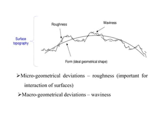 Micro-geometrical deviations – roughness (important for
interaction of surfaces)
Macro-geometrical deviations – waviness
 