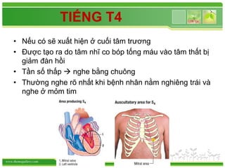 www.themegallery.com
TIẾNG T4
• Nếu có sẽ xuất hiện ở cuối tâm trương
• Được tạo ra do tâm nhĩ co bóp tống máu vào tâm thất bị
giảm đàn hồi
• Tần số thấp  nghe bằng chuông
• Thường nghe rõ nhất khi bệnh nhân nằm nghiêng trái và
nghe ở mỏm tim
 