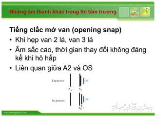 www.themegallery.com
Những âm thanh khác trong thì tâm trương
Tiếng clắc mở van (opening snap)
• Khi hẹp van 2 lá, van 3 lá
• Âm sắc cao, thời gian thay đổi không đáng
kể khi hô hấp
• Liên quan giữa A2 và OS
 