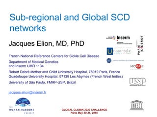 Sub-regional and Global SCD
networks
Jacques Elion, MD, PhD
French National Reference Centers for Sickle Cell Disease
Department of Medical Genetics
and Inserm UMR 1134
Robert Debré Mother and Child University Hospital, 75019 Paris, France
Guadeloupe University Hospital, 97139 Les Abymes (French West Indies)
University of São Paulo, FMRP-USP, Brazil
jacques.elion@inserm.fr
GLOBAL GLOBIN 2020 CHALLENGE
Paris May 30-31, 2016
 