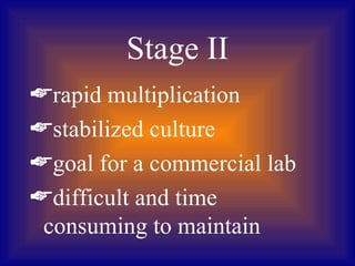 Stage II
rapid multiplication
stabilized culture
goal for a commercial lab
difficult and time
 consuming to maintain
 