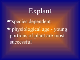 Explant
species dependent
physiological age - young
 portions of plant are most
 successful
 