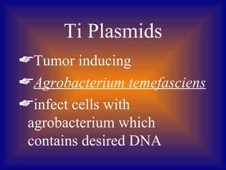 Ti Plasmids
Tumor inducing
Agrobacterium temefasciens
infect cells with
 agrobacterium which
 contains desired DNA
 