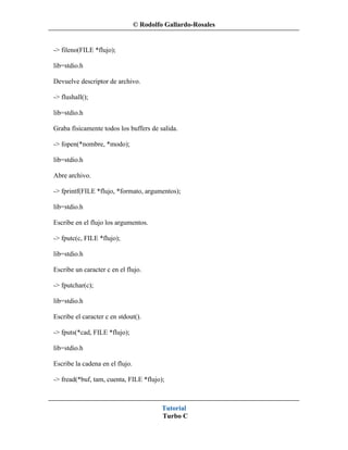 © Rodolfo Gallardo-Rosales


-> fileno(FILE *flujo);

lib=stdio.h

Devuelve descriptor de archivo.

-> flushall();

lib=stdio.h

Graba físicamente todos los buffers de salida.

-> fopen(*nombre, *modo);

lib=stdio.h

Abre archivo.

-> fprintf(FILE *flujo, *formato, argumentos);

lib=stdio.h

Escribe en el flujo los argumentos.

-> fputc(c, FILE *flujo);

lib=stdio.h

Escribe un caracter c en el flujo.

-> fputchar(c);

lib=stdio.h

Escribe el caracter c en stdout().

-> fputs(*cad, FILE *flujo);

lib=stdio.h

Escribe la cadena en el flujo.

-> fread(*buf, tam, cuenta, FILE *flujo);



                                          Tutorial
                                          Turbo C
 