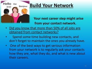 15
Your next career step might arise
from your contact network.
• Did you know that more than 50% of all jobs are
obtained from contact networks?
• Spend some time building new contacts, and
don't forget to maintain the ones you already have.
• One of the best ways to get serious information
from your network is to regularly ask your contacts
how they are, what they do, and what is new about
their careers.
Build Your Network
 