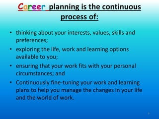 9
• thinking about your interests, values, skills and
preferences;
• exploring the life, work and learning options
available to you;
• ensuring that your work fits with your personal
circumstances; and
• Continuously fine-tuning your work and learning
plans to help you manage the changes in your life
and the world of work.
Career planning is the continuous
process of:
 