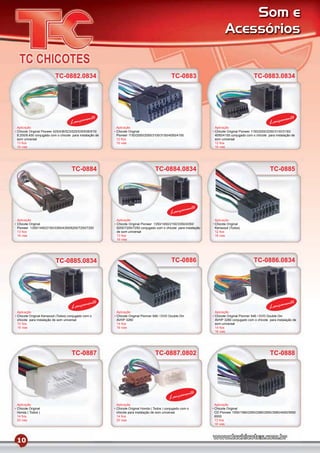Som e
                                                                                                                        Acessórios


                         TC-0882.0834                                                        TC-0883                                       TC-0883.0834




                                            mento                                                                                                             mento
                                   Lança                                                                                                             Lança
Aplicação                                                Aplicação                                                Aplicação
Chicote Original Pioneer 425/436/523/525/535/636/815/    Chicote Original                                         Chicote Original Pioneer 1150/2000/2050/3100/3150/
8.200/8.450 conjugado com o chicote para instalação de   Pioneer 1150/2000/2050/3100/3150/4050/4150               4050/4150 conjugado com o chicote para instalação de
som universal                                            12 ﬁos                                                   som universal
13 ﬁos                                                   16 vias                                                  12 ﬁos
16 vias                                                                                                           16 vias




                                    TC-0884                                       TC-0884.0834                                                       TC-0885




                                                                                                      mento
                                                                                            Lança
Aplicação                                                Aplicação                                                Aplicação
Chicote Original                                         Chicote Original Pioneer 1350/1450/2150/3350/4350/       Chicote Original
Pioneer 1350/1450/2150/3350/4350/6200/7200/7250          6200/7200/7250 conjugado com o chicote para instalação   Kenwood (Todos)
13 ﬁos                                                   de som universal                                         12 ﬁos
16 vias                                                  13 ﬁos                                                   16 vias
                                                         16 vias




                         TC-0885.0834                                                        TC-0886                                       TC-0886.0834




                                            mento                                                                                                             mento
                                   Lança                                                                                                             Lança
Aplicação                                                Aplicação                                                Aplicação
Chicote Original Kenwood (Todos) conjugado com o         Chicote Original Pionner 546 / DVD Double Din            Chicote Original Pionner 546 / DVD Double Din
chicote para instalação de som universal                 AVHP 3280                                                AVHP 3280 conjugado com o chicote para instalação de
12 ﬁos                                                   14 ﬁos                                                   som universal
16 vias                                                  16 vias                                                  14 ﬁos
                                                                                                                  16 vias




                                    TC-0887                                       TC-0887.0802                                                       TC-0888




                                                                                                     mento
                                                                                            Lança
Aplicação                                                Aplicação                                                Aplicação
Chicote Original                                         Chicote Original Honda ( Todos ) conjugado com o         Chicote Original
Honda ( Todos )                                          chicote para instalação de som universal                 CD Pioneer 1550/1580/2550/2580/2650/3580/4500/5550
14 ﬁos                                                   14 ﬁos                                                   6500
20 vias                                                  20 vias                                                  13 ﬁos
                                                                                                                  16 vias




10
 