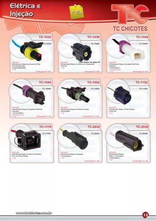 Elétrica e
Injeção


                                    TC-1032                                              TC-1038                                                TC-1044
                                          TC-1032K                                            TC-1038K                                             TC-1044K




Aplicação                                             Aplicação               Linha Pesada, ver página 50   Aplicação
Chicote para Reparo do Sensor de Óleo                 Chicote para Reparo do Sensor de Temperatura          Chicote para Reparo da Injeção Eletrônica
Uno/Tempra/Palio/                                     VW/Ford                                               Diversos
Corsa/Vectra/Celta                                    1 via                                                 ( Porta macho )
1 via                                                                                                       Terminal 6,3mm
                               Contra-peça TC-2032                                    Contra-peça TC-2038   1 via                           Contra-peça TC-1045




                                    TC-1045                                              TC-1092                                                TC-1152
                                          TC-1045K                                            TC-1092K                                             TC-1152K




Aplicação                                             Aplicação                                             Aplicação
Chicote para Reparo da Injeção Eletrônica             Chicote para Reparo da Sonda Lambda                   Chicote para Reparo (Porta Fêmea)
Diversos                                              Vectra 96/98                                          Linha VW
( Porta Fêmea )                                       1 via                                                 1 via
terminal 6.3 mm
1 via                           Contra-peça TC-1044                               Contra-Peça TC-1318K




                                    TC-1170                                               TC-2032                                               TC-2038
                                          TC-1170K                                            TC-2032K                                             TC-2038K




Aplicação                                             Aplicação                                             Aplicação
Chicote para Reparo do Motor de Partida               Chicote para Reparo Superseal                         Chicote para Reparo
Fox 1.6 (Porta Fêmea)                                 ( Porta Macho )                                       Série “J” /Econoseal
1 via                                                 1 via                                                 ( Porta Macho )
                                                                                                            1 via
                                                                                      Contra-Peça TC-1032                                 Contra-Peça TC-1038




                                                                                                                                                         13
 