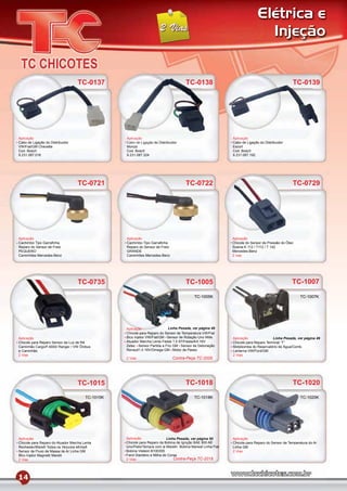 Elétrica e
                                                                                                                              Injeção


                                   TC-0137                                           TC-0138                                                    TC-0139




Aplicação                                         Aplicação                                                  Aplicação
Cabo de Ligação do Distribuidor                   Cabo de Ligação do Distribuidor                            Cabo de Ligação do Distribuidor
VW/Fiat/GM Chevette                               Monza                                                      Escort
Cod. Bosch                                        Cod. Bosch                                                 Cod. Bosch
9.231.087.016                                     9.231.087.324                                              9.231.087.192




                                   TC-0721                                           TC-0722                                                    TC-0729




Aplicação                                         Aplicação                                                  Aplicação
Cachimbo Tipo Garraﬁnha                           Cachimbo Tipo Garraﬁnha                                    Chicote do Sensor de Pressão do Óleo
Reparo do Sensor de Freio                         Reparo do Sensor de Freio                                  Scania K 112 / T112 / T 142
PEQUENO                                           GRANDE                                                     Mercedes-Benz
Caminhões Mercedes-Benz                           Caminhões Mercedes-Benz                                    2 vias




                                   TC-0735                                           TC-1005                                                    TC-1007

                                                                                           TC-1005K                                                  TC-1007K




                                                  Aplicação                Linha Pesada, ver página 49
                                                  Chicote para Reparo do Sensor de Temperatura VW/Fiat
Aplicação                                         Bico Injetor VW/Fiat/GM Sensor de Rotação Uno Mille        Aplicação               Linha Pesada, ver página 49
Chicote para Reparo Sensor da Luz de Ré           Atuador Marcha Lenta Fiesta 1.0 97/Fiesta/KA 16V           Chicote para Reparo Terminal “T”
Caminhão Cargo/F.4000/ Ranger / VW Ônibus         Zetec Sensor Partida a Frio GM Sensor de Detonação         Motobomba do Reservatório de Água/Comb.
e Caminhão                                        Renault1.0 16V/Omega GM Motor de Passo                     Lanterna VW/Ford/GM
2 Vias                                                                                                       2 Vias
                                                  2 Vias                      Contra-Peça TC-2005




                                   TC-1015                                           TC-1018                                                    TC-1020
                                       TC-1015K                                            TC-1018K                                                  TC-1020K




Aplicação                                         Aplicação                 Linha Pesada, ver página 50      Aplicação
Chicote para Reparo do Atuador Marcha Lenta       Chicote para Reparo da Bobina de Ignição BAE 800 AE        Chicote para Reparo do Sensor de Temperatura do Ar
Rochester/Marelli Todos os Veículos eﬁ/mpﬁ        Uno/Palio/Tempra com ie Marelli Bobina Marwal Linha Fiat   Linha GM
Sensor de Fluxo de Massa de Ar Linha GM           Bobina Visteon B100355                                     2 Vias
Bico Injetor Magnetti Marelli                     Farol Dianteiro e Milha do Corsa
2 Vias                                            2 Vias                        Contra-Peça TC-2018



14
 