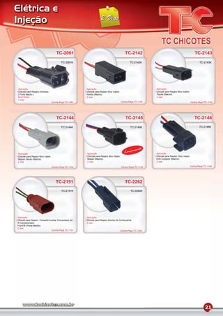 Elétrica e
Injeção


                                       TC-2061                                                  TC-2142                                                  TC-2143
                                           TC-2061K                                                 TC-2142K                                                 TC-2143K




Aplicação                                                Aplicação                                                Aplicação
Chicote para Reparo Diversos                             Chicote para Reparo Bico Injetor                         Chicote para Reparo Bico Injetor
( Porta Macho )                                          Honda (Macho)                                            Toyota (Macho)
ﬁos 2.5mm                                                2 vias                                                   2 vias
2 vias
                                   Contra-Peça TC-1061                                      Contra-Peça TC-1142                                      Contra-Peça TC-1143




                                       TC-2144                                                  TC-2145                                                 TC-2146
                                           TC-2144K                                                 TC-2145K                                                 TC-2146K




                                                                                                       mento
Aplicação                                                Aplicação                             Lança              Aplicação
Chicote para Reparo Bico Injetor                         Chicote para Reparo Bico Injetor                         Chicote para Reparo Bico Injetor
Nippon Denso (Macho)                                     Nissan (Macho)                                           EV6 Ecosport (Macho)
2 vias                                                   2 vias                                                   2 vias

                                   Contra-Peça TC-1144                                      Contra-Peça TC-1145                                      Contra-Peça TC-1146




                                      TC-2151                                                   TC-2262
                                           TC-2151K                                                  TC-2262K




Aplicação                                                Aplicação
Chicote para Reparo Conector Auxiliar Compressor do      Chicote para Reparo Bomba de Combustível
Ar Condicionado                                          2 vias
Fox/VW (Porta Macho)
2 vias
                               Contra-Peça TC-1151                                          Contra-Peça TC-1262




                                                                                                                                                                  21
 