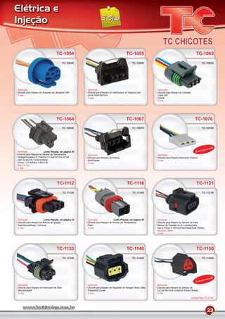 Elétrica e
Injeção


                                    TC-1054                                                  TC-1055                                                     TC-1063
                                             TC-1054K                                             TC-1055K                                                     TC-1063K




Aplicação                                               Aplicação                                                  Aplicação
Chicote para Reparo do Soquete da Lâmpada HB5           Chicote para Reparo do Distribuidor do Sistema Hall        Chicote para Reparo do Canister
3 vias                                                  Linha VW/Fiat/Ford                                         Linha GM
                                                        3 vias                                                     Outros
                                                                                                                   3 vias




                                    TC-1064                                                  TC-1067                                                    TC-1070
                                             TC-1064K                                             TC-1067K                                                     TC-1070K




                                                                                                                                                                     mento
Aplicação                 Linha Pesada, ver página 50                                                                                                    Lança
Chicote para Reparo do Sensor de Temperatura            Aplicação                                                  Aplicação
Omega/Suprema 4.1/Vectra 2.0 mpﬁ 8V/16V 97/98           Chicote para Reparo da Bobina                              Chicote para Reparo Retrovisor Eletrico
com ou sem Ar Condicionado/                             Golf/Passat                                                3 vias
Corsa 1.4/1.6/Astra 1.8/2.0 eﬁ                          3 vias
ﬁos 2.5 mm
3 vias




                                     TC-1112                                                 TC-1116                                                      TC-1121
                                             TC-1112K                                              TC-1116K                                                    TC-1121K




Aplicação                Linha Pesada, ver página 51    Aplicação               Linha Pesada, ver página 51        Aplicação
Chicote para Reparo da Bobina de Ignição                Chicote para Reparo do Sensor de Temperatura               Chicote para Reparo do Sensor de Fase
Palio/Siena/Brava 1.6/Corsa                             Palio                                                      Sensor de Pressão do Ar Condicionado
3 vias                                                  3 vias                                                     Gol G III/Gol G IV/Fox/Polo/Parati/Golf (Todos)
                                                                                                                   terminal 1,6mm
                                                                                                                   3 vias




                                     TC-1133                                                 TC-1140                                                      TC-1150
                                             TC-1133K                                              TC-1140K                                                    TC-1150K




                                                                                                                                                                     mento
                                                                                                                                                         Lança
Aplicação                                               Aplicação                                                  Aplicação
Chicote para Reparo do Interruptor de Óleo              Chicote para Reparo do Regulador de Voltagem Motor Zetec   Chicote para Reparo do Sensor da
Monza/Kadett                                            Fiesta/Ka/Courier                                          Luz de Ré Ford EcoSport (Porta Fêmea)
3 vias                                                  3 vias                                                     3 vias

                                                                                                                                                     Contra-Peça TC-2150




                                                                                                                                                                      23
 