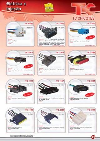 Elétrica e
Injeção


                                     TC-0820                                              TC-1012                                                   TC-1072
                                         TC-0820K                                               TC-1012K                                                  TC-1072K




                                                                                                                                                            mento
                                                                                                                                                   Lança
Aplicação                                             Aplicação               Linha Pesada, ver página 50      Aplicação
Chicote para Reparo                                   Chicote para Reparo Medidor de Fluxo de Ar Gol GTI/      Chicote para Reparo Caminhões e Ônibus
Porta Relé                                            Pointer 95/.../Monza mpﬁ Escort XR3 Medidor Massa Ar     5 vias
5 vias                                                Vectra/Omega/Tempra Conexão do Coletor Admissão
                                                      Integrado para VW 96/...Tipo IE 93/95 Outros
                                                      5 vias                       Contra-Peça TC-2012                                          Contra-Peça TC-2072




                                     TC-1073                                              TC-1078                                                   TC-1088
                                         TC-1073K                                              TC-1078K                                                   TC-1088K




                                           mento
                                    Lança
Aplicação                                             Aplicação                                                Aplicação
Chicote para Reparo Caminhões e Ônibus ( Selado )     Chicote para Reparo da Resistência do Ar Condicionado    Chicote para Reparo Diversos
5 vias                                                Fiat/VW                                                  5 vias
                                                      5 vias

                                Contra-Peça TC-2073                                                                                             Contra-Peça TC-2088




                                     TC-1114                                              TC-1157                                                    TC-1184
                                         TC-1114K                                               TC-1157K                                                  TC-1184K




                                          mento                                                                                                            mento
                                  Lança                                                                                                           Lança
Aplicação                                             Aplicação                                                Aplicação
Chicote para Reparo Injeção Eletrônica                Chicote para Reparo do Painel de Controle do Sistema     Chicote para Reparo do Fluxo de Ar Golf
5 vias                                                de Ventilação Interna                                    0280218002/060/063
                                                      Linha VW                                                 5 vias
                                                      5 vias




                                     TC-1192                                               TC-1194                                                   TC-1195
                                         TC-1192K                                               TC-1194K                                                  TC-1195K




Aplicação                                             Aplicação                                                Aplicação
Chicote para Reparo Lanterna                          Chicote para Reparo do Motor do Limpador do Pára-brisa   Chicote para Reparo Seletor do Ventilador Interno
Gol G IV (Porta Fêmea)                                Gol G IV (Porta Fêmea)                                   Gol GIV (Porta Fêmea)
5 vias                                                5 vias                                                   5 vias




                                                                                                                                                               29
 