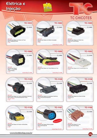 Elétrica e
Injeção


                                    TC-1033                                                 TC-1082                                               TC-1085
                                         TC-1033K                                                 TC-1082K                                             TC-1085K




Aplicação                                              Aplicação                                              Aplicação
Chicote para Reparo do Sensor do Fluxo                 Chicote para Reparo do Módulo de Ignição               Chicote para Reparo do Painel Uno
de Ar Fiesta/Ka/Courier                                Escort                                                 Placa de CircuítoTempra
6 vias                                                 6 Vias                                                 6 vias

                                                                                        Contra-Peça TC-2082




                                    TC-1086                                                 TC-1089                                               TC-1093
                                         TC-1086K                                                 TC-1089K                                             TC-1093K




Aplicação                                              Aplicação                                              Aplicação
Chicote para Reparo                                    Chicote para Reparo da Trava Elétrica do Palio         Chicote para Reparo do Ar Condicionado Fiat
Série “J” / Econoseal                                  6 vias                                                 6 vias
( Porta Fêmea )
6 vias
                               Contra-Peça TC-2086                                      Contra-Peça TC-2089




                                    TC-1125                                                 TC-1128                                               TC-1136
                                         TC-1125K                                                 TC-1128K                                             TC-1136K




Aplicação                                              Aplicação                                              Aplicação
Chicote para Reparo do Corpo da Borboleta Eletrônica   Chicote para Reparo do Acelerador Eletrônico           Chicote para Reparo da Chave de Seta
Gol G III/Gol G IV/Fox/Polo/Parati/Golf Todos          Gol G IV/Fox/Polo/Parati/Golf                          Fox/Gol G IV
terminal 1,6mm                                         6 vias                                                 6 vias
6 vias




                                    TC-1139                                                 TC-1167                                               TC-1190
                                         TC-1139K                                                 TC-1167K                                             TC-1190K




                                                                                                      mento
                                                                                            Lança
Aplicação                                              Aplicação                                              Aplicação
Chicote para Reparo do Sensor da Borboleta             Chicote para Reparo Bobina Ignição                     Chicote para Reparo 6,3 mm
Peugeot                                                Ka/Courier/Fiesta 98                                   Linha VW (Porta Fêmea)
6 vias                                                 6 vias                                                 6 vias

                                                                                      Contra-Peça TC-2167                                     Contra-Peça TC-2190




                                                                                                                                                            31
 