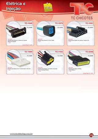 Elétrica e
Injeção


                                    TC-1046                                                 TC-1079                                             TC-1081
                                           TC-1046K                                              TC-1079K                                            TC-1081K




Aplicação                                             Aplicação                                             Aplicação
Chicote para Reparo do Módulo de Ignição              Chicote para Reparo do Farol Fiesta                   Chicote para Reparo da Lanterna Traseira Uno
Bobina de Ignição                                     7 vias                                                7 vias
7 vias

                               Contra-Peça TC-2046




                                    TC-1094                                                 TC-1193                                             TC-2046
                                           TC-1094K                                              TC-1193K                                            TC-2046K




Aplicação                                             Aplicação                                             Aplicação
Chicote para Reparo do Ar Condicionado Linha Fiat     Chicote para Reparo Comutador de Ignição              Chicote para Reparo Bulldog
7 vias                                                Gol G IV (Porta Fêmea)                                ( Porta Macho )
                                                      7 vias                                                7 vias

                                                                                                                                           Contra-Peça TC-1046




                                                                                                                                                           33
 