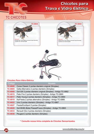 Chicotes para
                                                                      Trava e Vidro Elétrico


                                                    TC-0843                                                           TC-0844




              Aplicação                                                         Aplicação
              Chicote para Trava Elétrica Universal Dupla Serventia             Chicote para Trava Elétrica Universal Dupla Serventia
              2 portas com Terminal Bullet                                      4 portas com Terminal Bullet




 Chicotes Para Vidro Elétrico
     Código                                                            Modelo
 TC-8000          Corsa Classic 2 portas dianteiro original (Simples)
 TC-8005          Celta Alternativo 2 portas dianteiro (Simples)
 TC-8008          Gol GIII 2 portas dianteiro original (Simples) - Antigo TC-0862
 TC-8015          Palio Fire 2 portas dianteiro (Simples) - Antigo TC-0865
 TC-8017          Palio Young 2 portas dianteiro (Simples) - Antigo TC-0864
 TC-8019          Ka/Fiesta 2 portas alternativo (Simples) - Antigo TC-0866
 TC-8022          Uno 2 portas dianteiro (Simples) - Antigo TC-0867
 TC-8027          Fiesta/EcoSport 2 portas (Simples)
 TC-8029          Gol 95/96 (Bola) Passat/Fusca (Simples) - Antigo TC-0863
 TC-8033          Renault Clio 2 portas dianteiro (Simples)
 TC-8038          Peugeot 2 portas dianteiro (Simples)


                         * Consulte nossa linha completa de Chicotes Sensorizados.



40
 