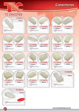 Conectores


                              TC-56501
                                   Fêmea



                                                    TC-56502                    TC-58502          TC-56503                      TC-58503
                                                       Fêmea                       Macho              Fêmea                      Macho
Aplicação                                           Aplicação                                     Aplicação
Conector Faston 2,8mm                               Conector Faston 2,8mm                         Conector Faston 2,8mm
1 via                                               1 via                                         2 vias




  TC-56504                    TC-58504              TC-56506                    TC-58506          TC-56507                      TC-58507
     Fêmea                       Macho              Fêmea (c/trava)             Macho (Espadão)      Fêmea                       Macho
  Aplicação                                         Aplicação                                     Aplicação
  Conector Faston 2,8mm                             Conector Faston 6,3mm                         Conector Faston 6,3mm
  4 vias                                            1 via                                         2 vias




  TC-56508                    TC-58508              TC-56509                    TC-58509          TC-56510                      TC-58510
     Fêmea                       Macho                 Fêmea                       Macho              Fêmea                      Macho
  Aplicação                                         Aplicação                                     Aplicação
  Conector Faston 6,3mm “T”                         Conector Faston 6,3mm ‘T’                     Conector Faston 6,3mm
  2 vias                                            3 vias                                        4 vias




                                                                                                                                TC-58505

                                                                                                                                   Macho


  TC-56511                    TC-58511              TC-56512                    TC-58512
     Fêmea                       Macho                 Fêmea                       Macho
  Aplicação                                         Aplicação                                     Aplicação
  Conector Faston 6,3mm                             Conector Faston 6,3mm                         Conector Faston 6,3mm curto
  6 vias                                            8 vias                                        1 via




                              TC-56513
                                      Fêmea




                                            mento
                                  Lança
  Aplicação
  Conector Faston 6,3mm com Trava Externa
  1 via




42
 