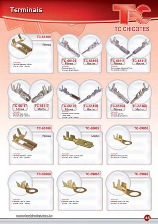 Terminais


                           TC-66100

                              Fêmea




Aplicação
                                      TC-66104                      TC-68104    TC-66111                        TC-68111
Terminal Bandeira 9,5mm                  Fêmea                       Macho          Fêmea                        Macho
(Fio de 1,00 a 1,50mm)                Aplicação                                 Aplicação
                                      Terminal Micro Fit                        Terminal para Coluna da Porta
                                      (Fio de 0,30 a 0,50mm)                    (Fio de 0,50 a 1,50mm)




TC-66117                  TC-68117    TC-66129                      TC-68129    TC-66164                        TC-68164
   Fêmea                   Macho         Fêmea                       Macho          Fêmea                        Macho
Aplicação                             Aplicação                                 Aplicação
Terminal Mate-N-Lok                   Terminal Sonda Lambda                     Terminal Mini Fit
(Fio de 0,50 a 1,00mm)                Linha Zetec                               (Fio de 0,30 a 1,00mm)
                                      (Fio de 1,00 a 1,50mm)




                           TC-66188                                 TC-68082                                    TC-69059

                              Fêmea                                     Macho




Aplicação                             Aplicação                                 Aplicação
Terminal Bandeira 4,7mm               Terminal Faston Curto 6,3mm               Terminal Olhal (5,2 mm)
(Fio de 1,00 a 2,50mm)                (Fio de 0,50 a 1,50mm)                    (Fio de 0,50 a 1,50mm)




                           TC-69060                                 TC-69065                                    TC-69069




Aplicação                             Aplicação                                 Aplicação
Terminal Olhal (6,5 mm)               Terminal Olhal (8,4 mm)                   Terminal Olhal (10,6 mm)
(Fio de 0,50 a 1,50mm)                (Fio de 1,0 a 2,50mm)                     (Fio de 2,50 a 6,0mm)




                                                                                                                         45
 