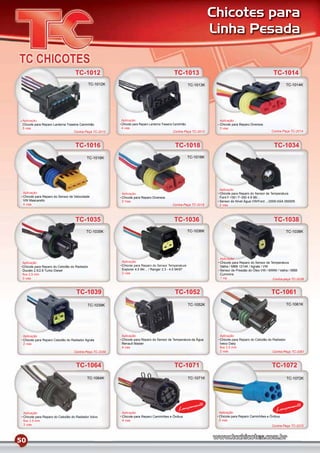 Chicotes para
                                                                                                                    Linha Pesada


                                  TC-1012                                                   TC-1013                                                    TC-1014
                                           TC-1012K                                                    TC-1013K                                                TC-1014K




 Aplicação                                              Aplicação                                                    Aplicação
 Chicote para Reparo Lanterna Traseira Caminhão         Chicote para Reparo Lanterna Traseira Caminhão               Chicote para Reparo Diversos
 5 vias                                                 4 vias                                                       3 vias
                                  Contra-Peça TC-2012                                         Contra-Peça TC-2013                                     Contra-Peça TC-2014



                                  TC-1016                                                   TC-1018                                                    TC-1034
                                          TC-1016K                                                     TC-1018K




                                                                                                                     Aplicação
 Aplicação                                              Aplicação                                                    Chicote para Reparo do Sensor de Temperatura
 Chicote para Reparo do Sensor de Velocidade            Chicote para Reparo Diversos                                 Ford F-150 / F-350 4.9 98/...
 VW Mascarello                                          2 Vias                                                       Sensor do Nível Água VW/Ford .../2000 ASA 350005
 4 vias                                                                                    Contra-Peça TC-2018       2 vias



                                  TC-1035                                                   TC-1036                                                    TC-1038
                                         TC-1035K                                                      TC-1036K                                                TC-1038K




                                                                                                                     Aplicação
 Aplicação                                              Aplicação                                                    Chicote para Reparo do Sensor de Temperatura
 Chicote para Reparo do Cebolão do Radiador             Chicote para Reparo do Sensor Temperatura                    Valtra / MBB 1214K / Agrale / VW
 Ducato 2.5/2.8 Turbo Diesel                            Explorer 4.0 94/... / Ranger 2.3 - 4.0 94/97                 Sensor de Pressão do Óleo VW / MWM / Valtra / MBB
 ﬁos 2,5 mm                                             2 vias                                                       Cummins
 3 vias                                                                                                              1 via                             Contra-peça TC-2038



                                   TC-1039                                                  TC-1052                                                   TC-1061
                                          TC-1039K                                                     TC-1052K                                                TC-1061K




 Aplicação                                              Aplicação                                                    Aplicação
 Chicote para Reparo Cebolão do Radiador Agrale         Chicote para Reparo do Sensor de Temperatura da Água         Chicote para Reparo do Cebolão do Radiador
 2 vias                                                 Renault Master                                               Iveco Daily
                                                        4 vias                                                       ﬁos 2.5 mm
                                  Contra-Peça TC-2039                                                                2 vias                            Contra-Peça TC-2061



                                   TC-1064                                                  TC-1071                                                   TC-1072
                                          TC-1064K                                                     TC-1071K                                                TC-1072K




                                                                                                         mento                                                   mento
 Aplicação                                              Aplicação
                                                                                               Lança                 Aplicação
                                                                                                                                                        Lança
 Chicote para Reparo do Cebolão do Radiador Volvo       Chicote para Reparo Caminhões e Ônibus                       Chicote para Reparo Caminhões e Ônibus
 ﬁos 2.5 mm                                             4 vias                                                       5 vias
 3 vias                                                                                                                                               Contra-Peça TC-2072



50
 
