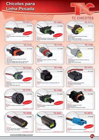 Chicotes para
Linha Pesada


                                   TC-1073                                                   TC-1095                                                      TC-1111
                                           TC-1073K                                                   TC-1095K                                                TC-1111K




                                              mento
                                     Lança
 Aplicação                                                                                             mento
                                                                                              Lança
                                                                                                                   Aplicação
 Chicote para Reparo Caminhões e Ônibus ( Selado )                                                                 Chicote para Reparo do Sensor de Pressão
 5 vias                                                  Aplicação                                                 Renault Master
                                                         Chicote para Reparo do Sensor de Luz de Ré                Sensor Térmico 0.281.002.420
                                                         Ônibus e Caminhões ( Terminal Macho )                     Sensor de Temperatura/Pressão 0.281.002.437 - VW
                                   Contra-Peça TC-2073   2 vias                                                    4 vias



                                     TC-1112                                                  TC-1116                                                     TC-1129
                                           TC-1112K                                                   TC-1116K                                               TC-1129K




  Aplicação
                                                         Aplicação                                                 Aplicação
  Chicote para Reparo do Sensor de Pressão
                                                         Chicote para Reparo do Sensor de Pressão                  Chicote para Reparo da Válvula de Controle de
  Rail Sprinter
                                                         Rail Ranger                                               Vasão Ranger
  Sensor de Rotação 0.281.002.214 Sensor Fase
                                                         3 vias                                                    Sensor da Luz de Ré Ducato
  Sensor de Pressão Óleo 0.281.002.908 - VW
  3 vias                                                                                                           2 vias



                                    TC-1132                                                   TC-1156                                                     TC-1177
                                                                                                      TC-1156K                                               TC-1177K




                                             mento
                                     Lança
Aplicação                                                Aplicação                                                 Aplicação
Chicote para Reparo do Cebolão Água VW Mascarello        Chicote para Reparo Sensor de Temperatura MBB /VW         Chicote para Reparo Eletroventilador
VW Delivery                                              2 vias                                                    Caminhão VW (Porta Fêmea)
Sensor Reservatório Água VW                                                                                        Fio de 6mm
4 vias                                                                                                             2 vias



                                   TC-1179                                                   TC-1188                                                  TC-1199
                                           TC-1179K                                                  TC-1188K                                                TC-1199K




                                             mento                                                       mento
Aplicação
                                     Lança               Aplicação                                Lança           Aplicação
Chicote para Reparo Caminhões e Ônibus                   Chicote para Reparo Injeção Eletrônica                   Chicote para Reparo Bico Injetor
4 vias                                                   ( Terminal Fêmea )                                       Caminhão VW/Ford
                                                         2 vias                                                   Atuador Eletônico Controle de Comando
                                   Contra-Peça TC-2179                                                            2 vias



                                    TC-2039                                                  TC-2041                                                  TC-2072
                                           TC-2039K                                                    TC-1304K                                              TC-2072K




                                                                                                                                                                   mento
 Aplicação
 Chicote para Reparo do Sensor do Nível Água             Aplicação                                                Aplicação
                                                                                                                                                          Lança
 Ford Caminhão - ASA 350004                              Chicote para Reparo Diversos                             Chicote para Reparo Caminhões e Ônibus
 2 vias                                                  4 vias                                                   5 vias
                                  Contra-Peça TC-1039                                       Contra-Peça TC-1041                                    Contra-Peça TC-1072




                                                                                                                                                                     51
 