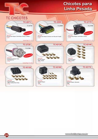 Chicotes para
                                                                                                             Linha Pesada


                                   TC-2073                                                TC-2099                                              TC-2179
                                           TC-2073K                                               TC-2099K                                               TC-2179K




                                              mento                                                                                                       mento
                                     Lança                                                                                                       Lança
 Aplicação                                               Aplicação                                              Aplicação
 Chicote para Reparo Caminhões e Ônibus ( Selado )       Chicote para Reparo Diversos com Aba para Fixação      Chicote para Reparo Caminhões e Ônibus
 5 vias                                                  5 vias                                                 4 vias

                                   Contra-Peça TC-1073                                                                                         Contra-Peça TC-1179



                                  TC-2728                                                TC-4213K                                             TC-4214K
                                        TC-2728K




                                               mento
                                      Lança
 Aplicação
                                                         Aplicação                                              Aplicação
 Chicote para Reparo Farol
                                                         Kit Para Reparo                                        Kit Para Reparo
 Caminhão VW
                                                         MBB / Scania                                           MBB / Scania
 4 vias
                                                         8 vias                                                 10 vias
                                  Contra-Peça TC-0728



                                  TC-4215K                                              TC-4216K                                             TC-4217K




  Aplicação                                              Aplicação                                            Aplicação
  Kit Para Reparo                                        Kit Para Reparo                                      Kit Para Reparo Alternador
  MBB / Scania (Tecla Torta)                             MBB                                                  MBB
  8 vias                                                 12 vias                                              3 vias




52
 