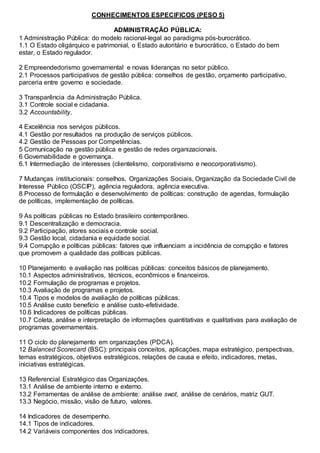 CONHECIMENTOS ESPECIFICOS (PESO 5)
ADMINISTRAÇÃO PÚBLICA:
1 Administração Pública: do modelo racional-legal ao paradigma pós-burocrático.
1.1 O Estado oligárquico e patrimonial, o Estado autoritário e burocrático, o Estado do bem
estar, o Estado regulador.
2 Empreendedorismo governamental e novas lideranças no setor público.
2.1 Processos participativos de gestão pública: conselhos de gestão, orçamento participativo,
parceria entre governo e sociedade.
3 Transparência da Administração Pública.
3.1 Controle social e cidadania.
3.2 Accountability.
4 Excelência nos serviços públicos.
4.1 Gestão por resultados na produção de serviços públicos.
4.2 Gestão de Pessoas por Competências.
5 Comunicação na gestão pública e gestão de redes organizacionais.
6 Governabilidade e governança.
6.1 Intermediação de interesses (clientelismo, corporativismo e neocorporativismo).
7 Mudanças institucionais: conselhos, Organizações Sociais, Organização da Sociedade Civil de
Interesse Público (OSCIP), agência reguladora, agência executiva.
8 Processo de formulação e desenvolvimento de políticas: construção de agendas, formulação
de políticas, implementação de políticas.
9 As políticas públicas no Estado brasileiro contemporâneo.
9.1 Descentralização e democracia.
9.2 Participação, atores sociais e controle social.
9.3 Gestão local, cidadania e equidade social.
9.4 Corrupção e políticas públicas: fatores que influenciam a incidência de corrupção e fatores
que promovem a qualidade das políticas públicas.
10 Planejamento e avaliação nas políticas públicas: conceitos básicos de planejamento.
10.1 Aspectos administrativos, técnicos, econômicos e financeiros.
10.2 Formulação de programas e projetos.
10.3 Avaliação de programas e projetos.
10.4 Tipos e modelos de avaliação de políticas públicas.
10.5 Análise custo benefício e análise custo-efetividade.
10.6 Indicadores de políticas públicas.
10.7 Coleta, análise e interpretação de informações quantitativas e qualitativas para avaliação de
programas governamentais.
11 O ciclo do planejamento em organizações (PDCA).
12 Balanced Scorecard (BSC): principais conceitos, aplicações, mapa estratégico, perspectivas,
temas estratégicos, objetivos estratégicos, relações de causa e efeito, indicadores, metas,
iniciativas estratégicas.
13 Referencial Estratégico das Organizações.
13.1 Análise de ambiente interno e externo.
13.2 Ferramentas de análise de ambiente: análise swot, análise de cenários, matriz GUT.
13.3 Negócio, missão, visão de futuro, valores.
14 Indicadores de desempenho.
14.1 Tipos de indicadores.
14.2 Variáveis componentes dos indicadores.
 