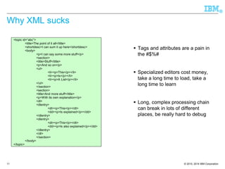 © 2010, 2014 IBM Corporation 
® 
11 
Why XML sucks 
Tags and attributes are a pain in the #$%# 
Specialized editors cost money, take a long time to load, take a long time to learn 
Long, complex processing chain can break in lots of different places, be really hard to debug 
<topic id=“abc”> 
<title>The point of it all</title> 
<shortdesc>I can sum it up here</shortdesc> 
<body> 
<p>I can say some more stuff</p> 
<section> 
<title>Stuff</title> 
<p>And so on</p> 
<ul> 
<li><p>This</p></li> 
<li><p>Is</p></li> 
<li><p>A List</p></li> 
</ul> 
</section> 
<section> 
<title>And more stuff</title> 
<p>With its own explanation</p> 
<dl> 
<dlentry> 
<dt><p>This</p></dt> 
<dd><p>Is explained</p></dd> 
</dlentry> 
<dlentry> 
<dt><p>This</p></dt> 
<dd><p>Is also explained</p></dd> 
</dlentry> 
</dl> 
</section> 
</body> 
</topic>  